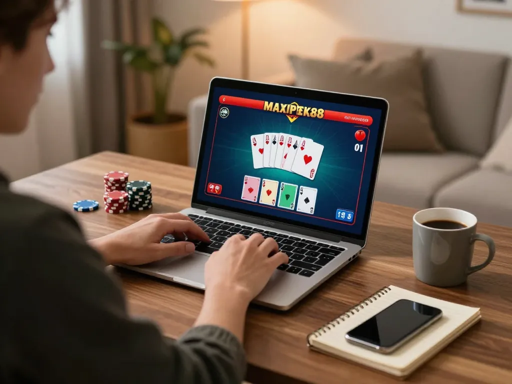 Engaged player enjoying a strategic session on maxpoker88 from their stylish home office.
