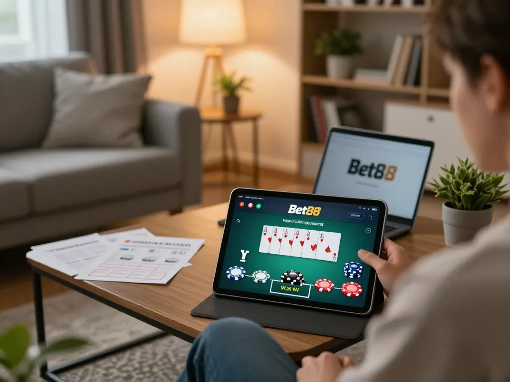 Engaged player using the Bet88 app for online gambling in a cozy home setting