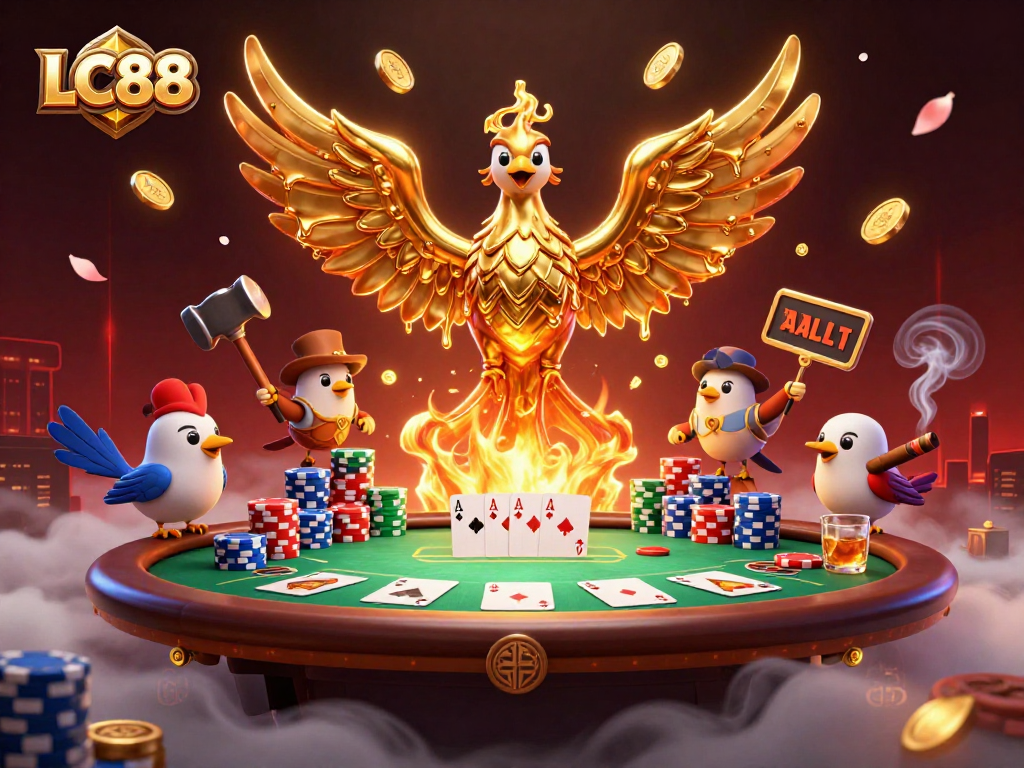 Engage with the thrilling experience of LC88, where a golden phoenix symbolizes winning in this immersive casino scene.