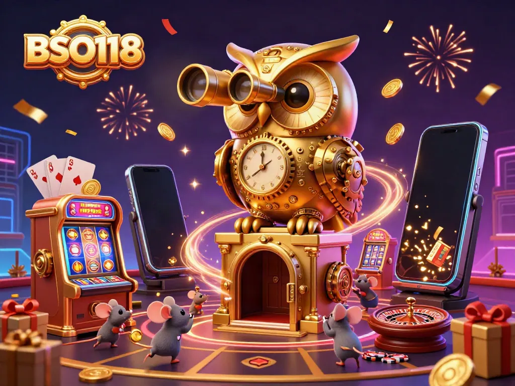 Experience the excitement of BSO118 with a golden owl surveying a colorful casino floor, surrounded by playful slot game elements.