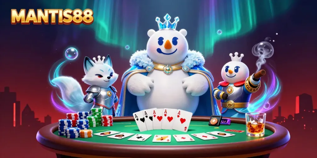 Join the thrilling action at MANTIS88 with an enchanting illustration of a royal polar bear and snow fox amidst a dynamic poker scene.