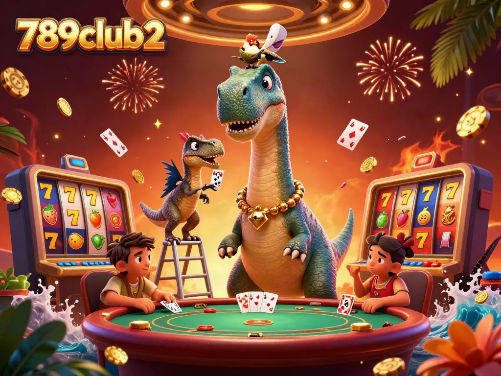 Engage with the vibrant gaming scene of 789club2 featuring playful dinosaurs and casino elements.