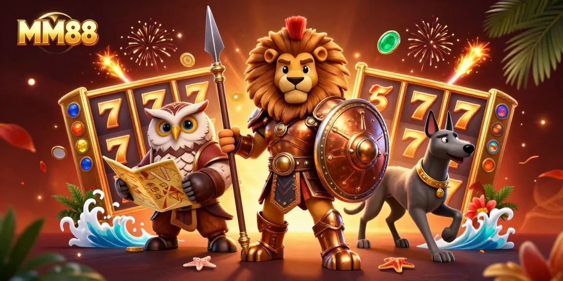 Play slots at MM88 with a Spartan lion, owl strategist, and greyhound amidst fireworks and jade coins.