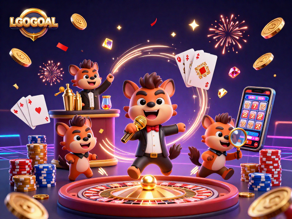 Watch hyenas in a vibrant LGOGOAL casino club, mixing drinks, telling jokes, and entertaining players.