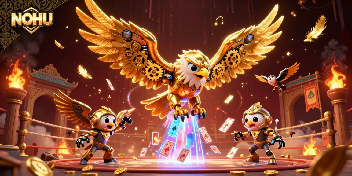 NOHU showcases cybernetic characters diving through holographic cards in a vibrant gaming arena, emphasizing engagement.