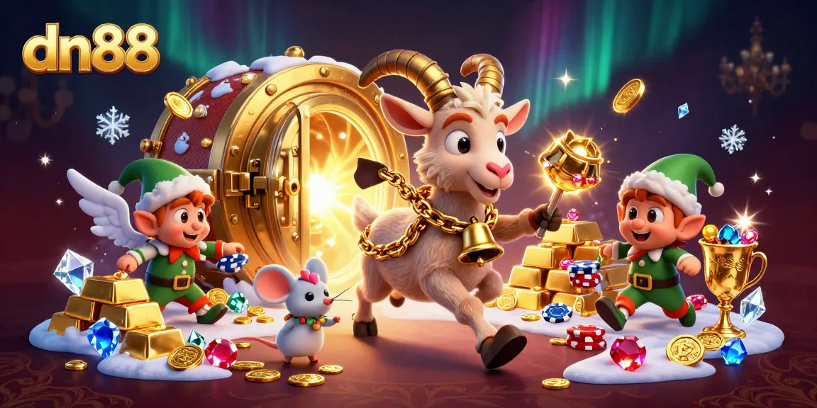 Experience excitement at dn88 casino with Krampus, angel mouse, and elf gremlins amid treasure.