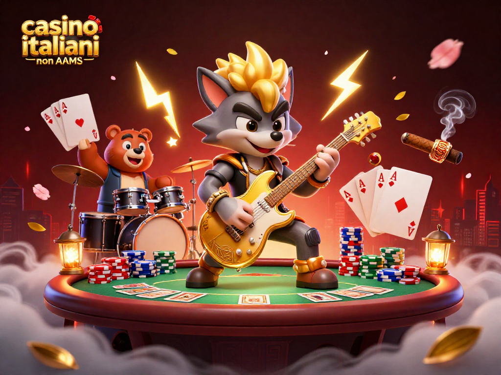 Giocatori che si sfidano ai casino italiani non AAMS, mentre il lupo rocker suona energicamente.