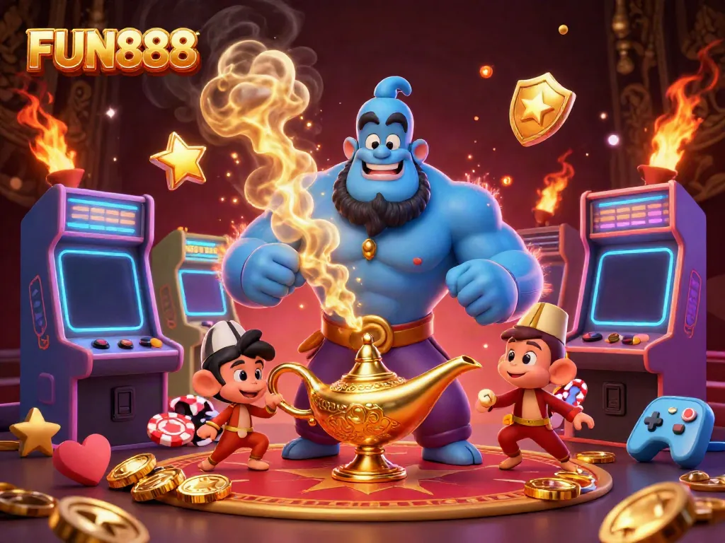 Engage in thrilling gameplay at FUN888 with a fantastical scene of a playful genie, monkey, and poker elements.
