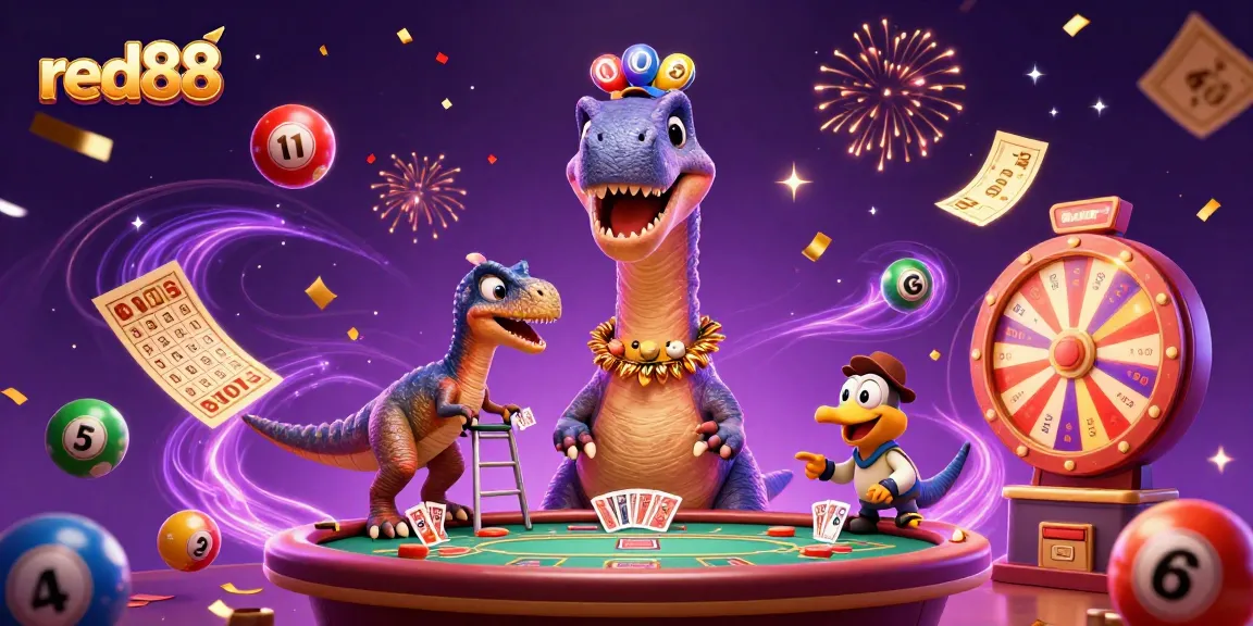 Engage with thrilling red88 casino vibes featuring a playful brontosaurus and raptor dealer.