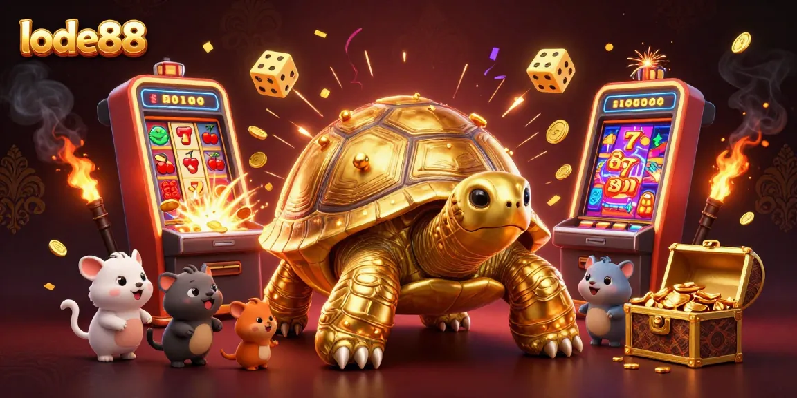 Lode88 players engaging in a colorful casino adventure with a whimsical tortoise pinball machine and jackpot excitement.