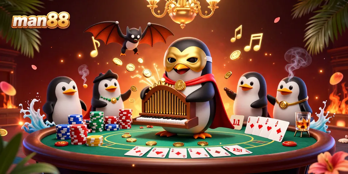 Experience man88's thrilling action as a phantom opera penguin plays organ while coins fly around in a casino