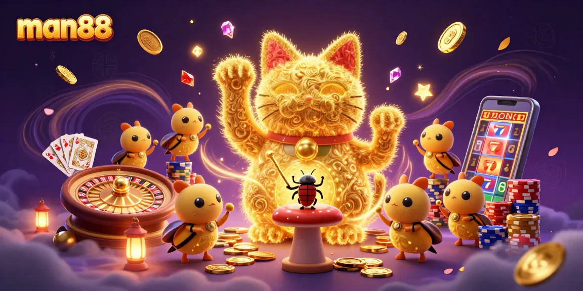 Experience thrilling gameplay with man88 as golden fireflies form a lucky cat amidst casino symbols.