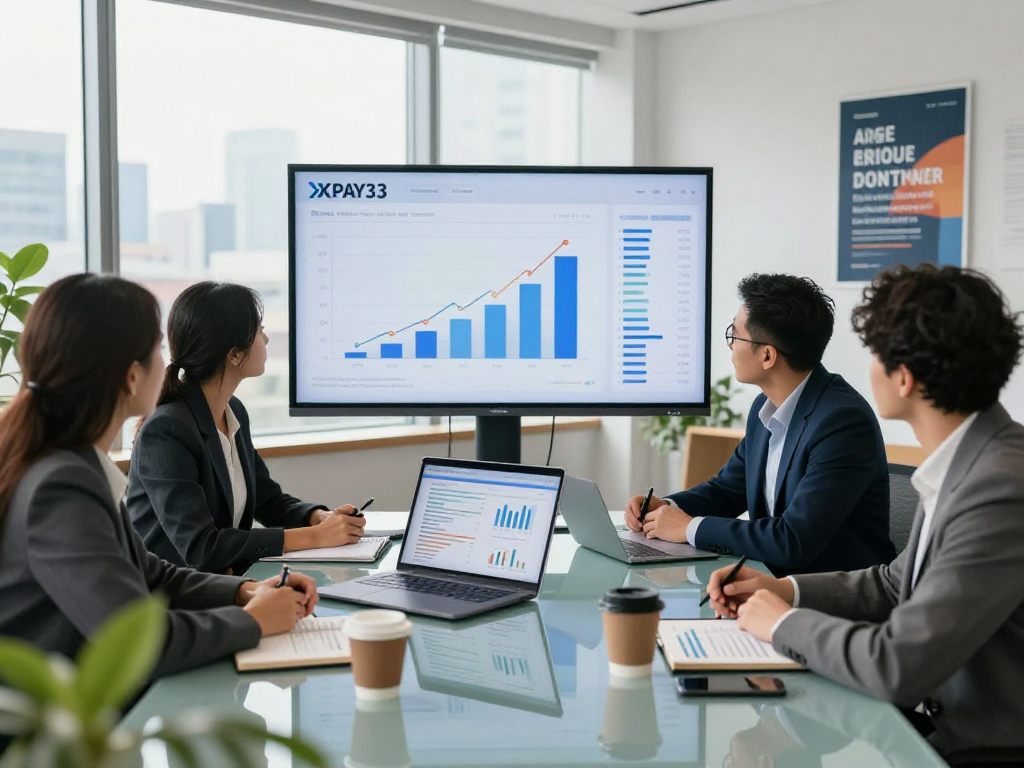 Collaborative team discussing XPAY33 financial growth in a modern office.