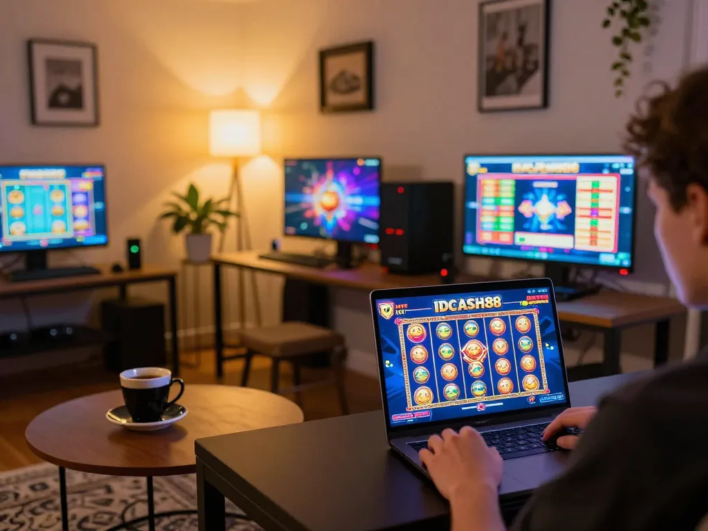 Person enjoying IDCASH88 Slot on a laptop in a cozy home gaming environment, surrounded by vibrant visuals.