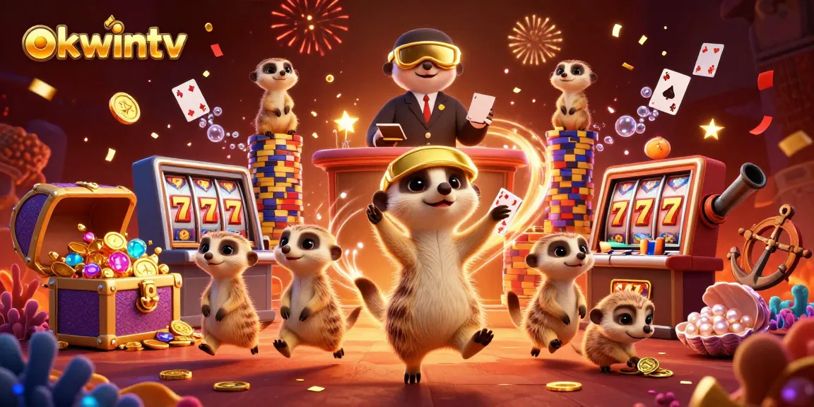 Okwintv captivates players with a dynamic casino scene showcasing meerkats and vibrant slots.