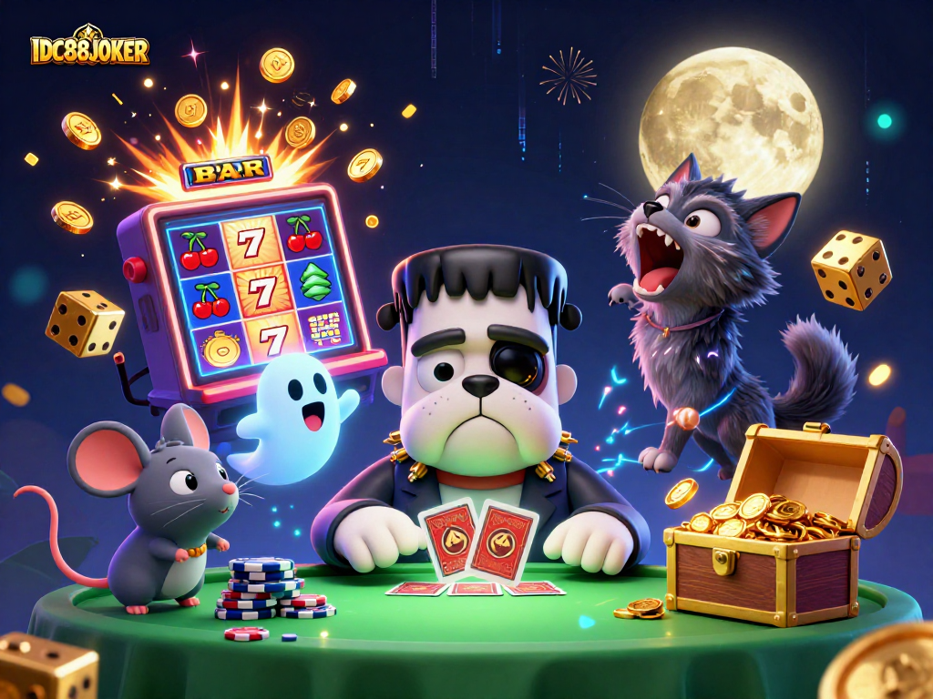 Join the chaos with IDC88JOKER as the Frankenstein bulldog deals cards amidst a jackpot explosion!