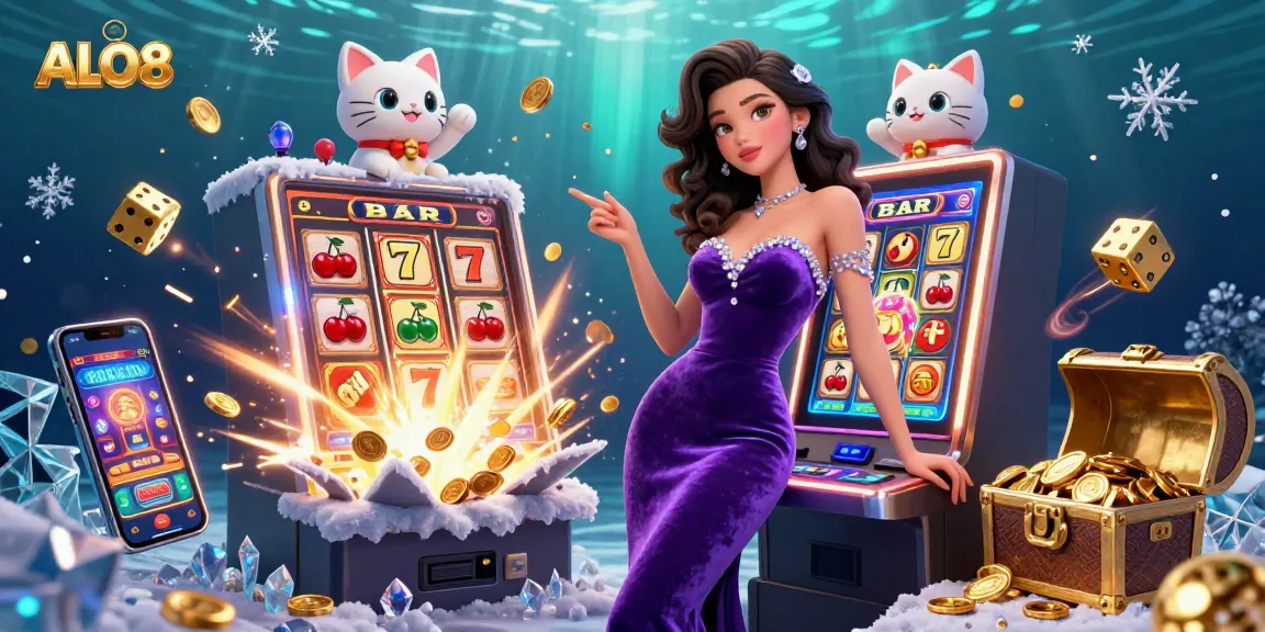 Experience the excitement at ALO8 with a jackpot-winning slot scene filled with vibrant casino elements.