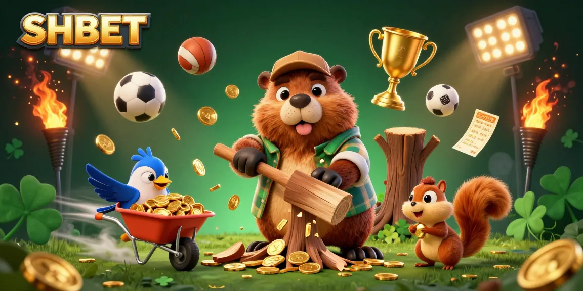Spin and win big at SHBET with golden coins raining down and exciting sports elements surrounding lively cartoon characters.
