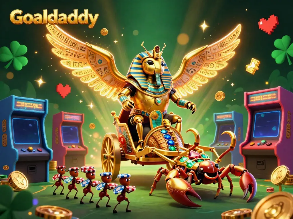 Goaldaddy presents an exciting 3D illustration of a golden scarab beetle in a gambling-themed chariot, showcasing dynamic game elements.
