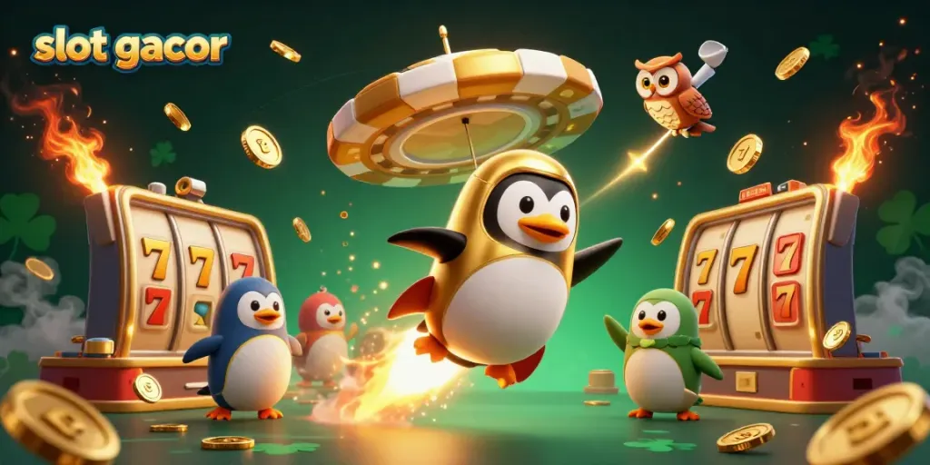 Experience the excitement of slot gacor with a golden penguin racing to a casino chip space station.