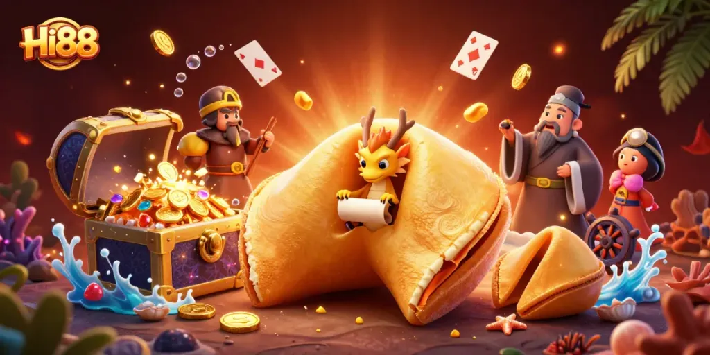 Experience the thrill of winning at Hi88 with a vibrant 3D casino scene featuring golden treasures and playful characters.