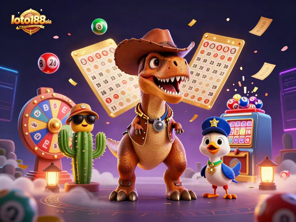 Engage with loto188asia's vibrant lottery scene featuring a dynamic T-Rex, lottery elements, and rich illustrations.