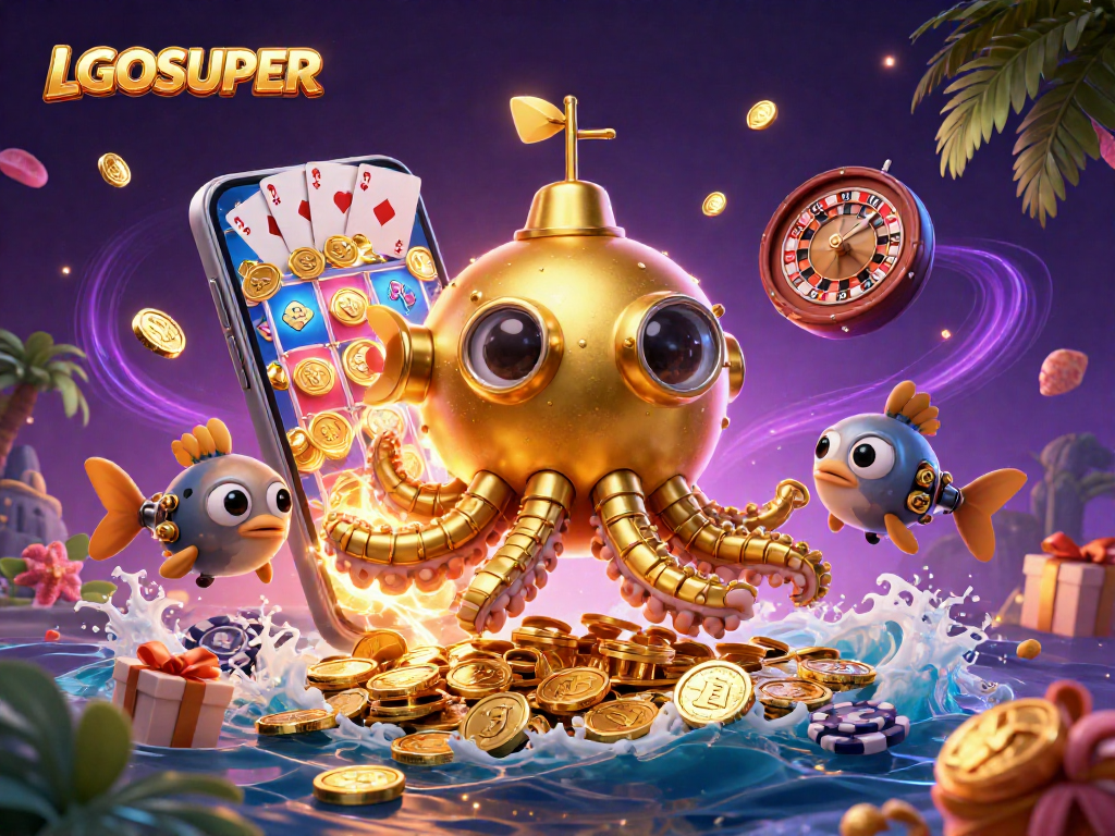 Engage with the vibrant world of LGOSUPER's online games featuring a golden kraken submarine and dynamic slot elements.