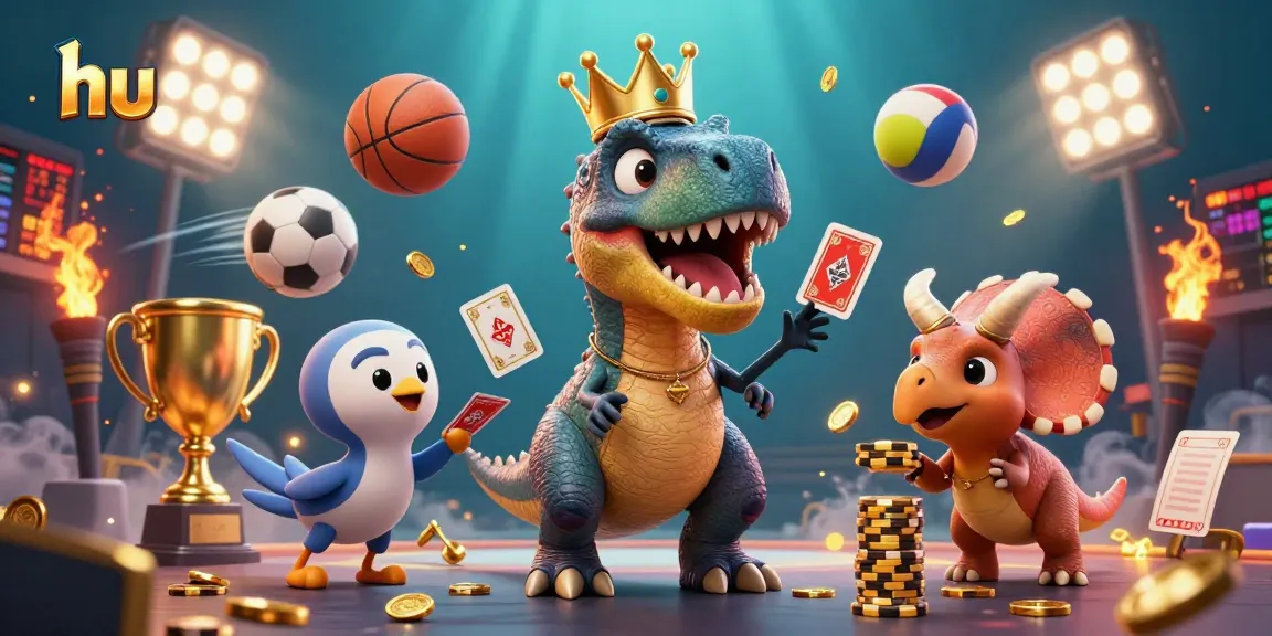 Engage in thrilling sports betting with hu, featuring fun 3D dinosaur characters and dynamic sports elements.