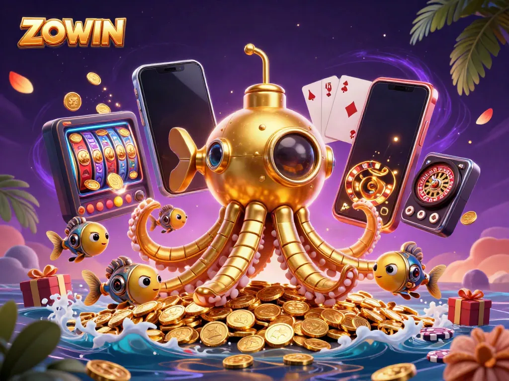 Experience thrilling gameplay with ZOWIN at this vibrant casino illustration featuring a golden kraken submarine.