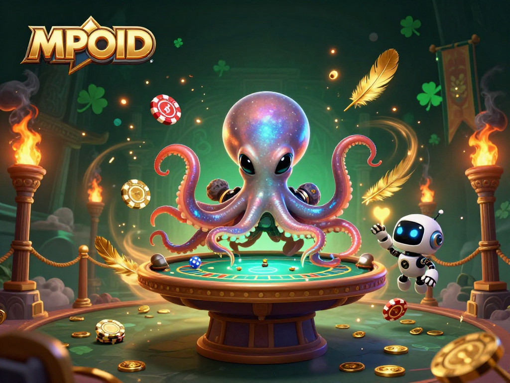 MPOID showcases an alien octopus playing poker, exploding with energy in a vibrant casino scene.