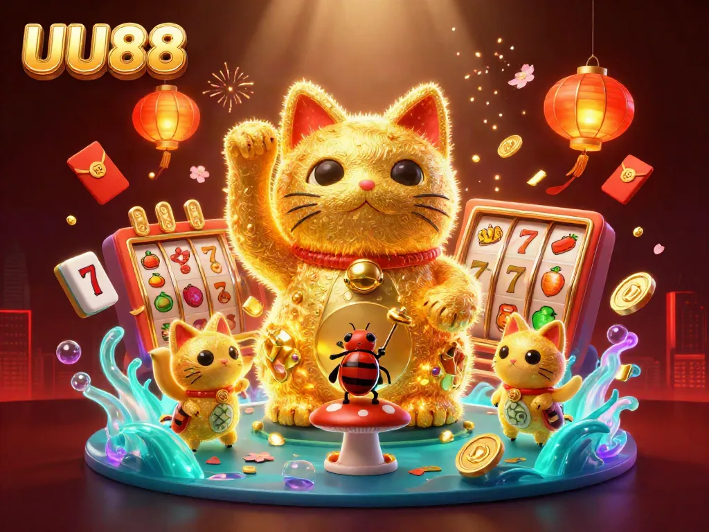 Experience the vibrant world of UU88 with this lively illustration featuring a giant lucky cat and casino symbols.