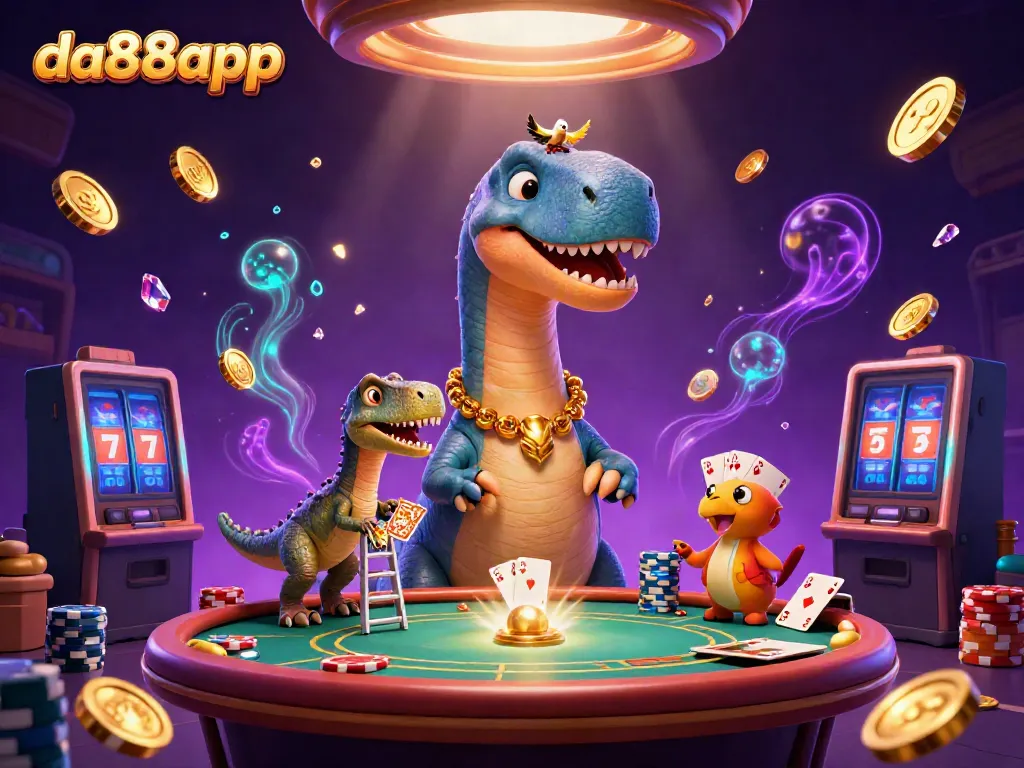 Experience thrilling gameplay at da88app with a vibrant casino scene featuring dinosaur characters and gaming action.