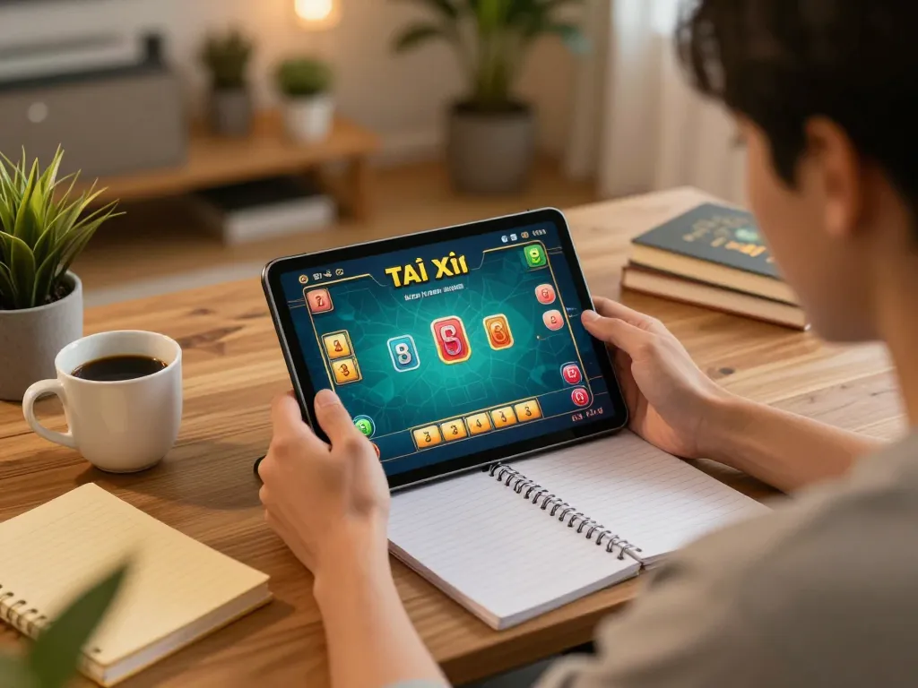 Player engaging in thrilling Tài Xỉu game on taixiuonline8 tablet, showcasing strategic betting notes and cozy home setting