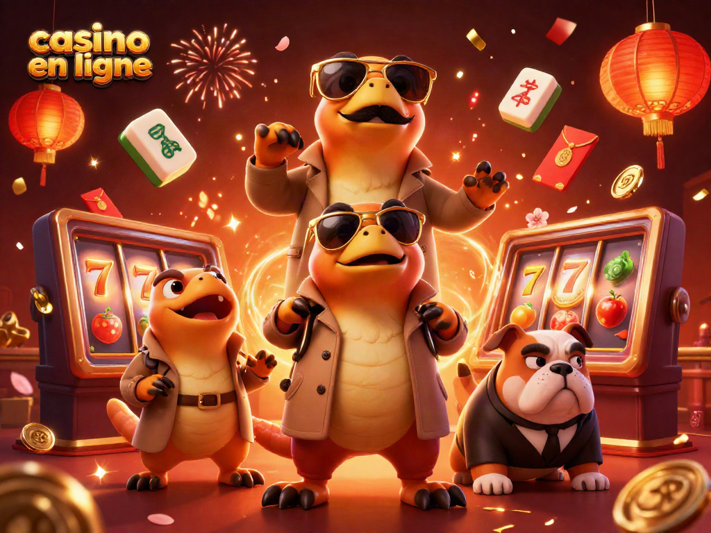 Jouer à des jeux au casino en ligne avec une scène amusante de raptors déguisés, feuilletant des machines à sous.