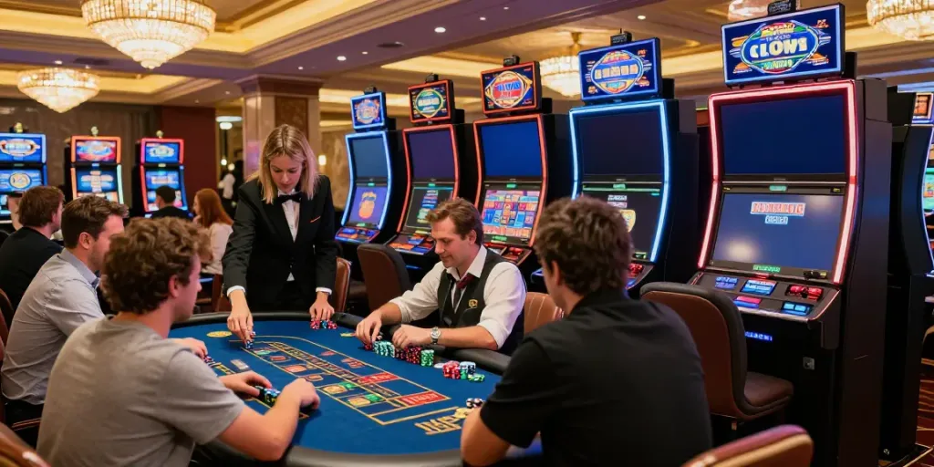 Dynamic gaming experience at MAN88 casino showcasing players and dealers in a vibrant atmosphere.