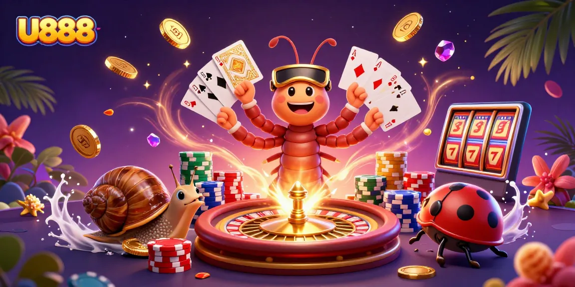 Experience the thrills at U888 with a whimsical casino scene featuring a dynamic dealer and high-roller action.