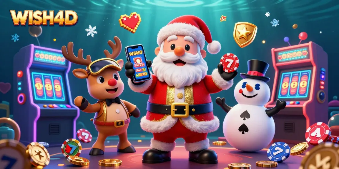 Celebrate big wins with WISH4D in a colorful casino scene featuring Santa and his friends.