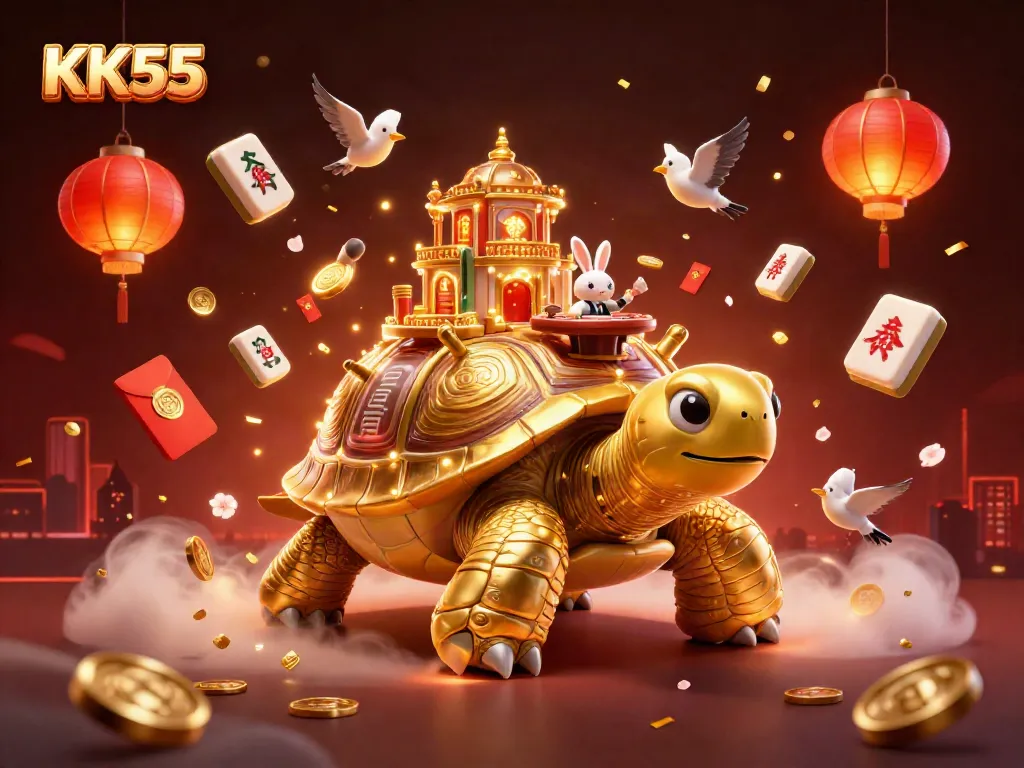 Experience gaming excitement with KK55 at a colorful digital illustration of a golden tortoise casino.