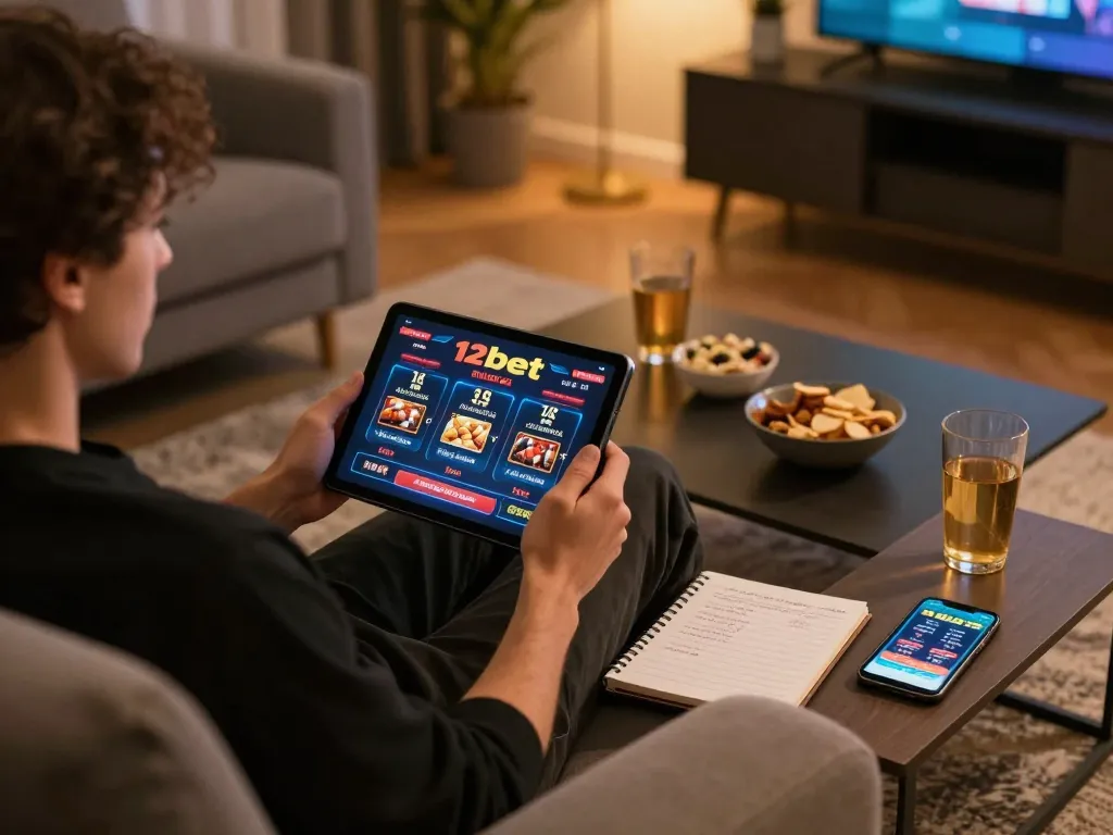 Người chơi tham gia trò chơi trực tuyến 12bet trên máy tính bảng trong một không gian ấm cúng với các ghi chú chiến lược