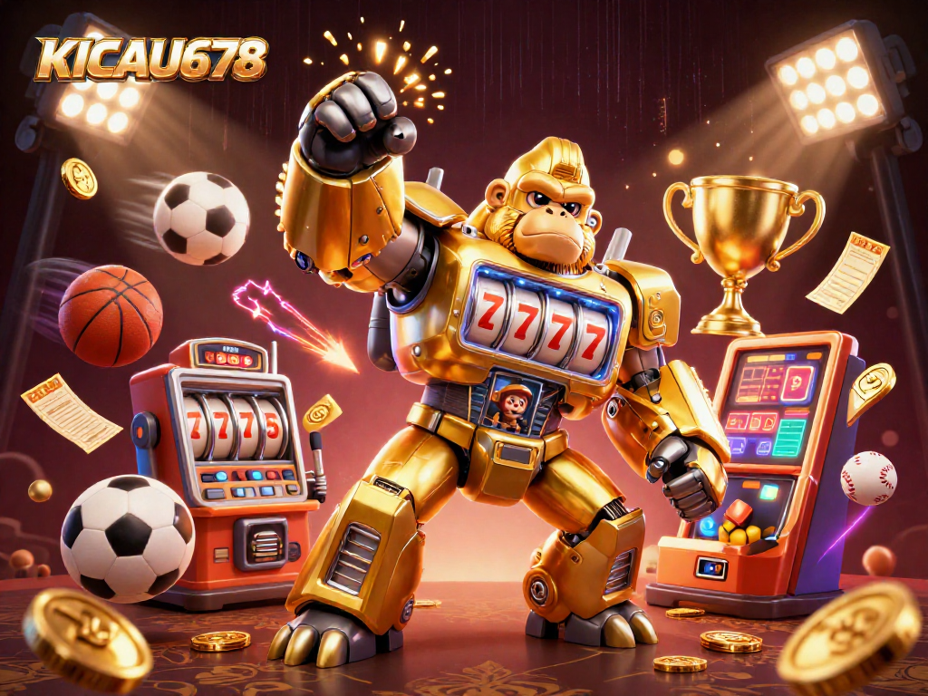 KICAU678 features a dynamic golden gorilla mech surrounded by sports elements for engaging gambling action.