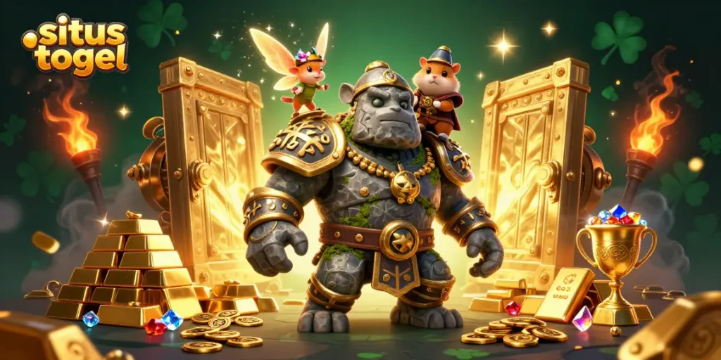 Engage with situs togel in a vibrant scene featuring magical characters and treasures.