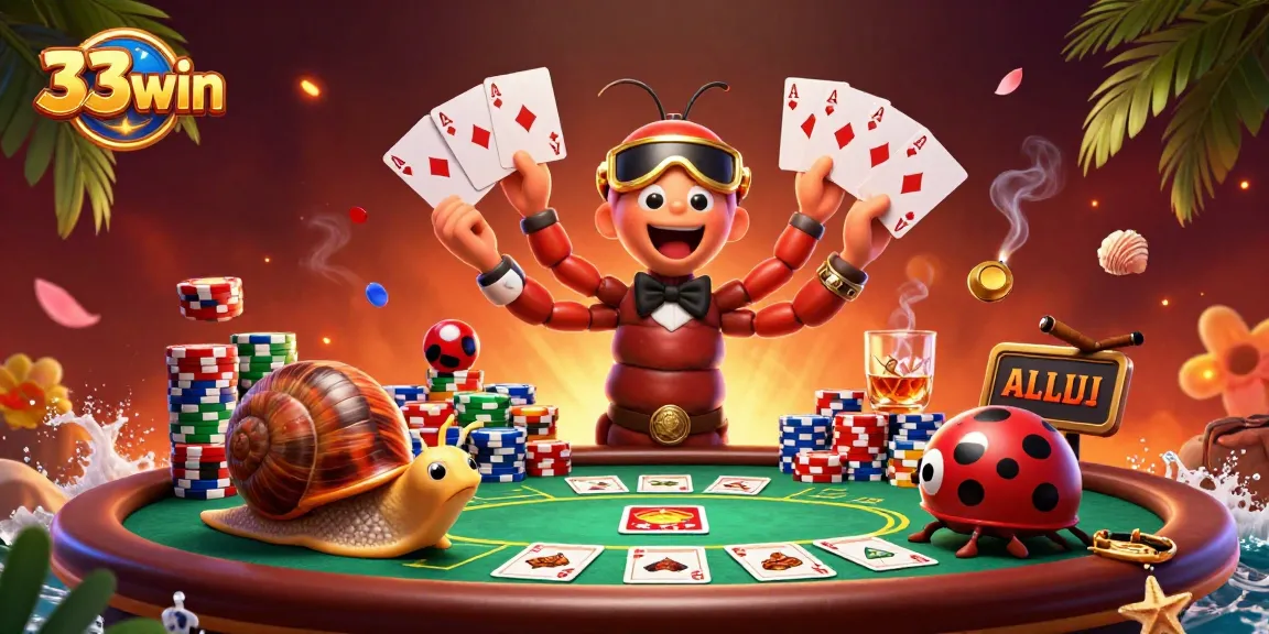 Experience thrilling poker action with 33win's vibrant 3D casino illustration showcasing a millipede dealer and excited players.