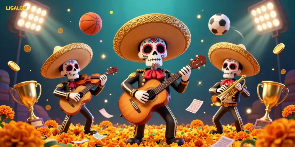 LIGALGO mariachi band playing vibrant music amidst sports elements and golden trophies, celebrating the gambling spirit.