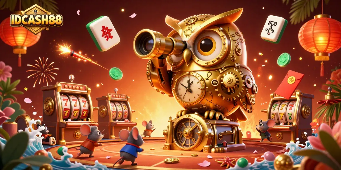 Play thrilling games with IDCASH88 at a vibrant and dynamic casino scene featuring a clockwork owl and wind-up mice.