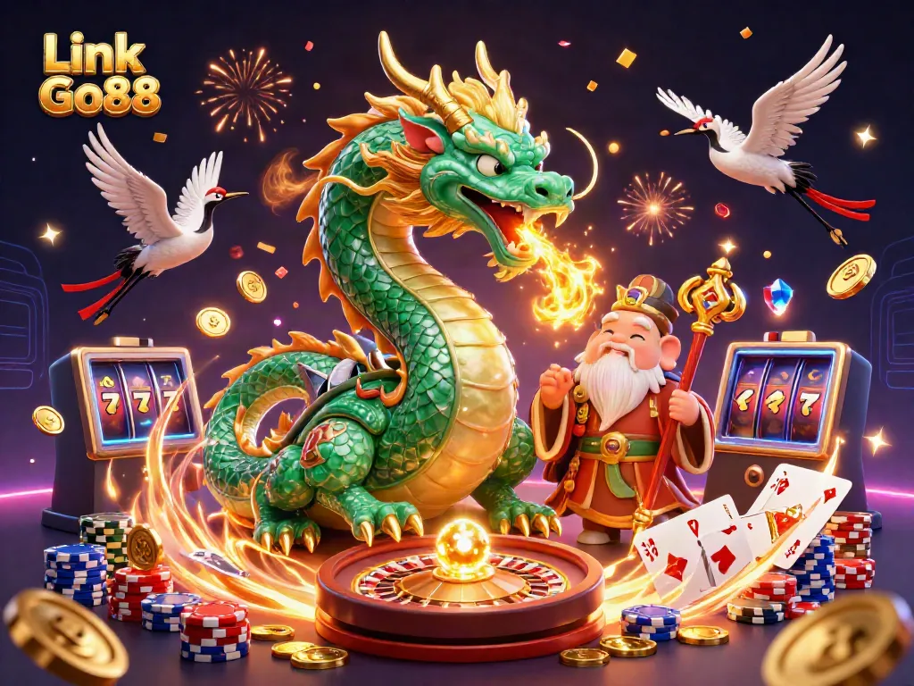 Experience the thrill of gaming with Link Go88 in a dynamic casino scene featuring legendary characters.