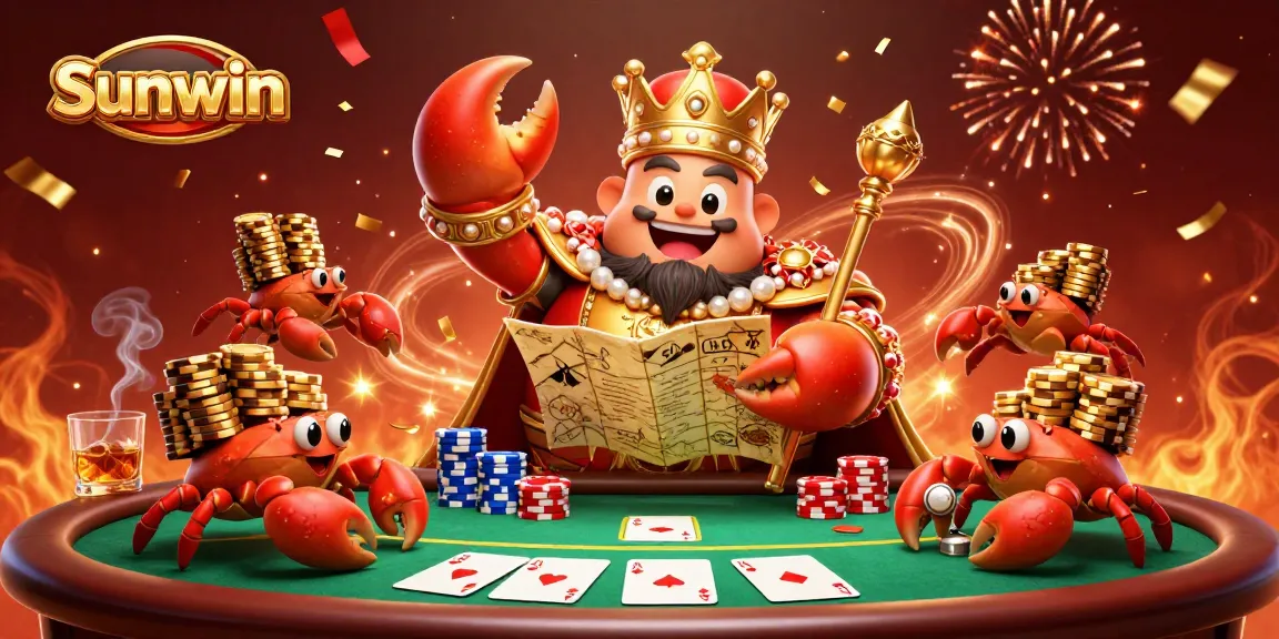 Experience the thrill of Sunwin with a 3D cartoon golden crab emperor amidst vibrant poker elements.
