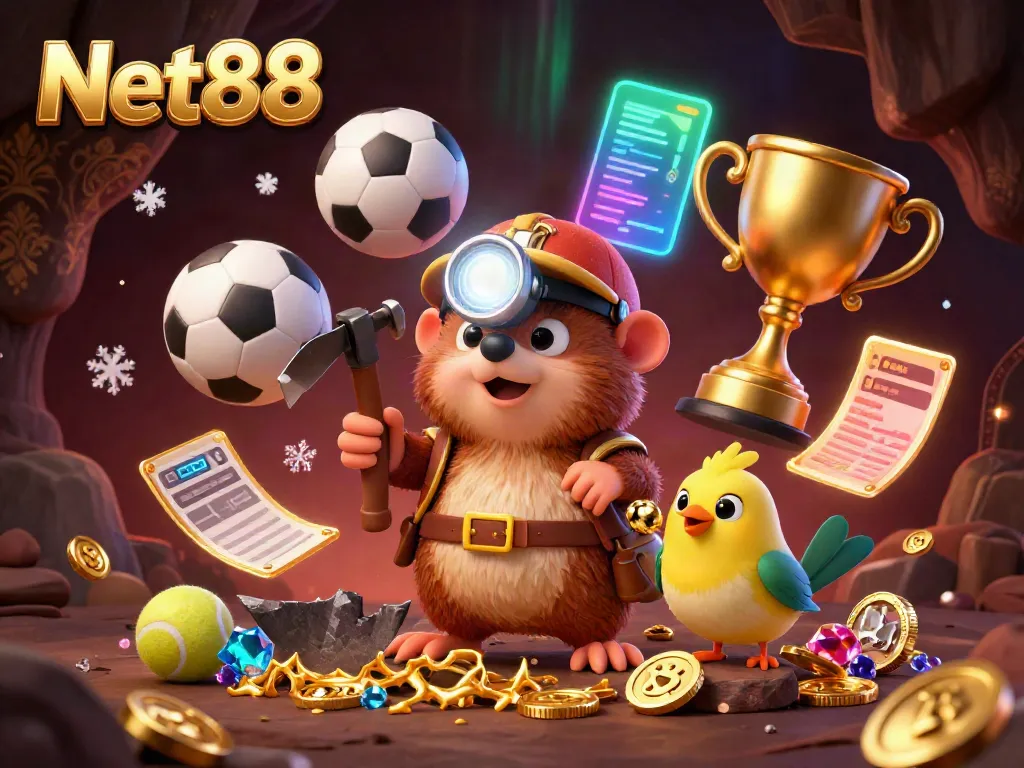 Experience the excitement of Net88 with a treasure hunter mole and a canary amidst dynamic sports elements in a vibrant casino illustration.
