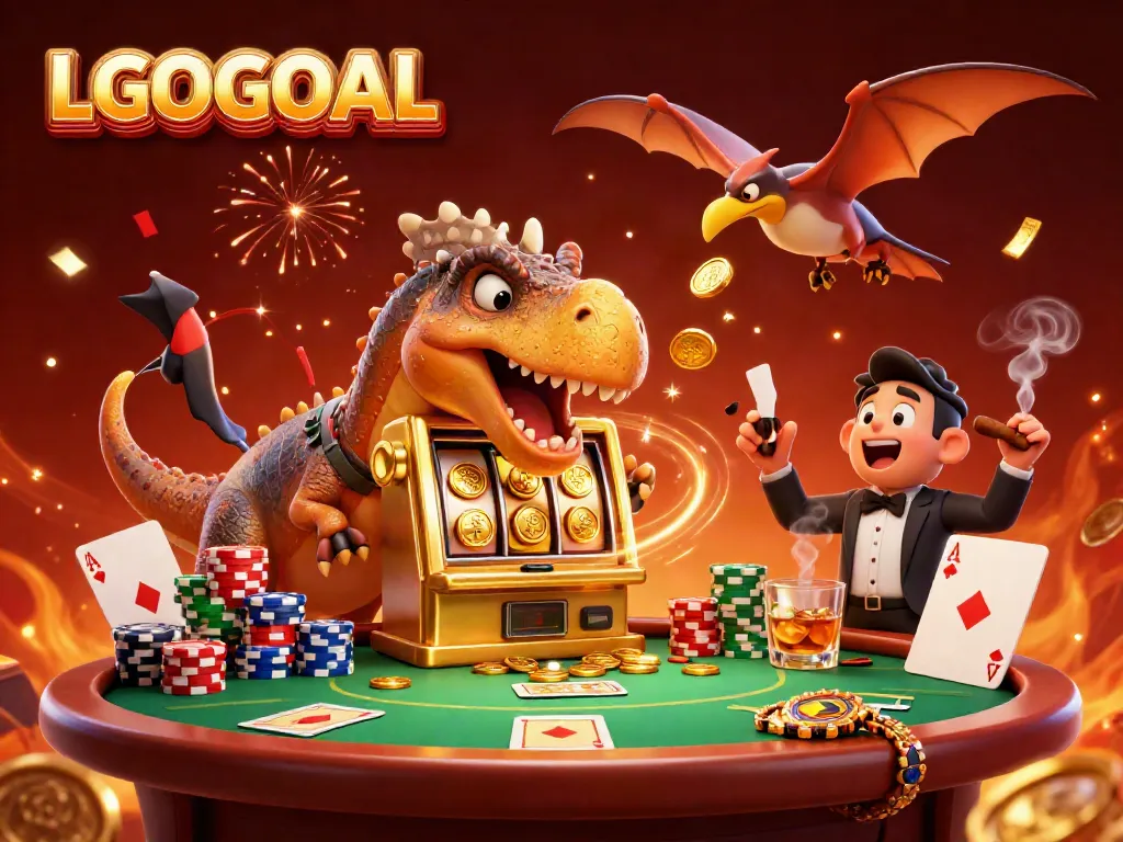 Experience the excitement of LGOGOAL as a cartoon pachycephalosaurus interacts with a golden slot machine in this lively casino scene.