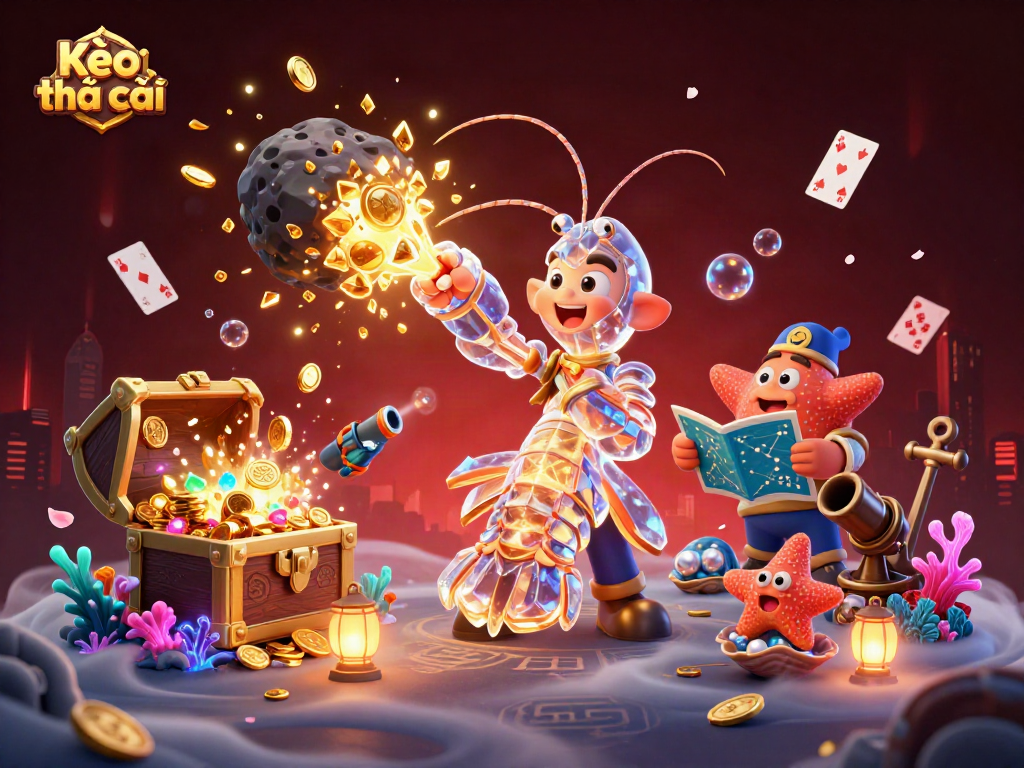 Kèo nhà cái engages bettors with adventurous samurai shrimp and vibrant treasures in a dynamic casino scene.