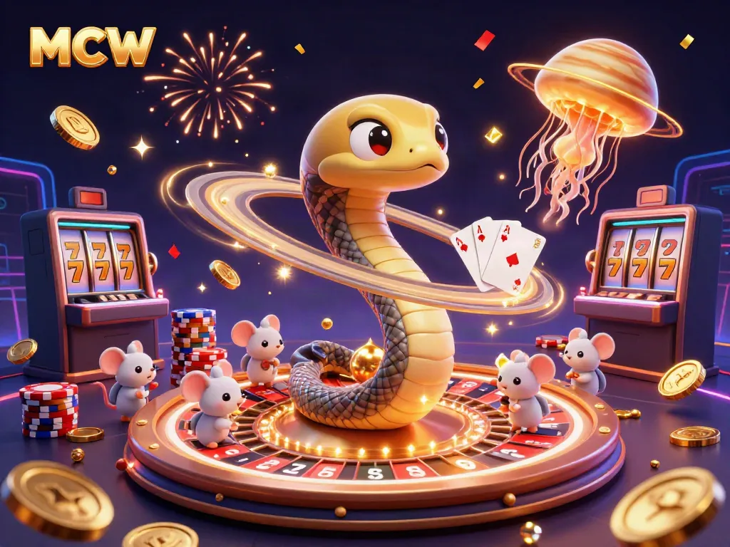 Experience thrilling gameplay with MCW as astronaut mice place bets on Saturn's roulette rings.
